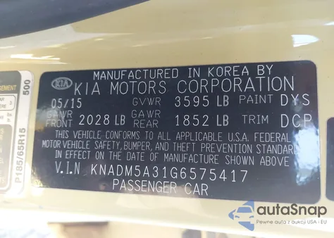 2016 Kia Rio Lx z USA, uszkodzony, nr VIN KNADM5A31G6575417